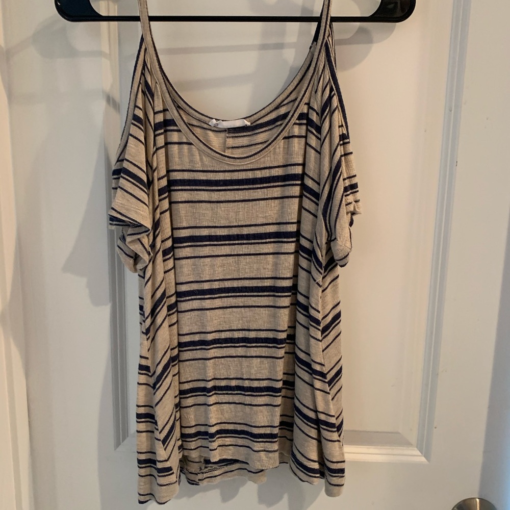 Tan and navy off the open off the shoulder top
